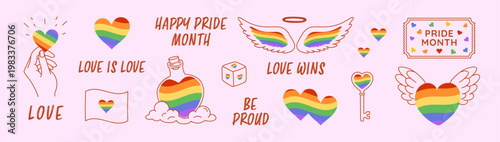 Hand-drawn doodle Happy Pride Month set: rainbow hearts, wings, winged heart, hand with heart, phrases, and flag with lgbt rainbow. Vector illustration for web use, support banner, poster, placard.