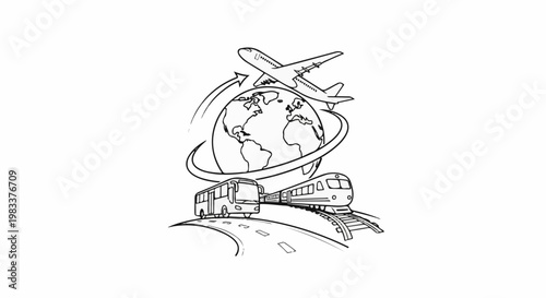 Diverse transportation modes encircling the globe with curved arrows