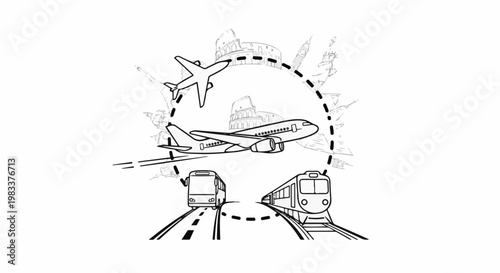 Diverse transportation methods connect iconic global landmarks in a circular journey