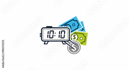 Digital clock shows 1010 next to colorful currency and a coin