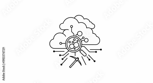 Digital cloud concept with network nodes, magnifying glass, and pickaxe