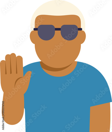 Visually impaired individual with sunglasses raising hand in stop gesture, depicting disability and accessibility