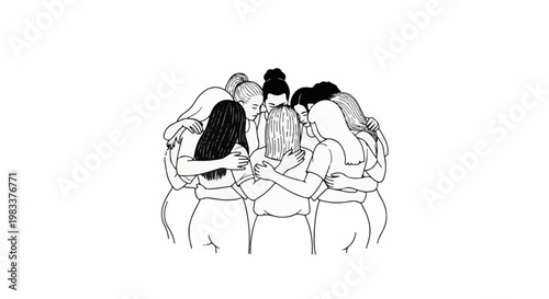 Diverse women in a tight circle, embracing for support and unity