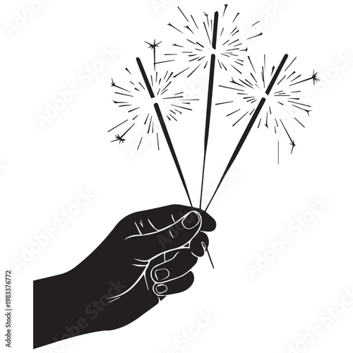 Sparklers, Hand Holding Fireworks, Black Silhouette, White Background, Celebration Elements