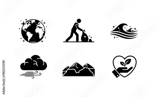 Environmental conservation symbols: earth, recycling, waves, wind, mountains, eco-friendly