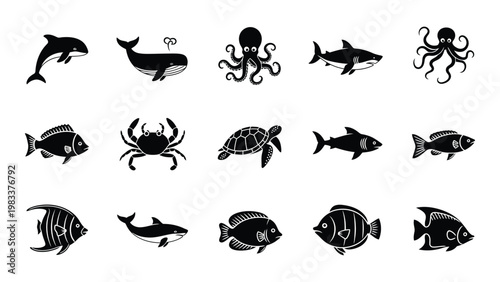 A collection of black silhouette icons depicting various marine animals including whales sharks and fish