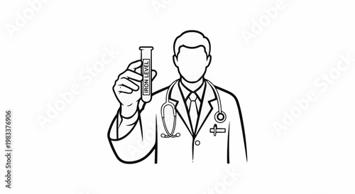Doctor holds up test tube labeled "IRON LEVEL