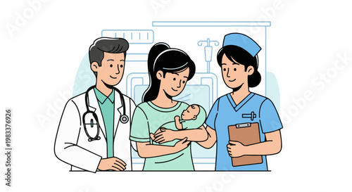 Doctor, mother, and nurse celebrating new baby in a hospital