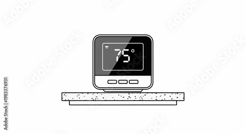 Digital thermostat displays 75 degrees, set on textured shelf