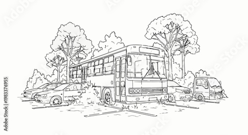 Detailed line drawing of a bus and vehicles parked near trees
