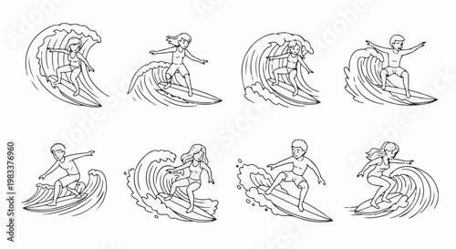 Eight stylized black and white drawings of surfers riding waves