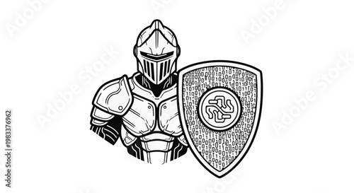 Digitally protected knight with binary shield and intricate logo