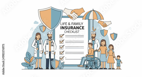 Doctors, family, and checklist represent life and family insurance