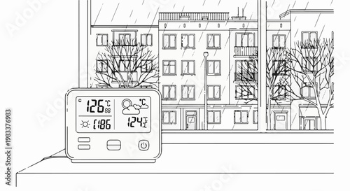 Digital weather station on windowsill with rain outside apartment buildings