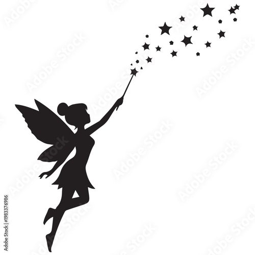 Black silhouette fairy, magic wand, stars, whimsical illustration, fantasy creature