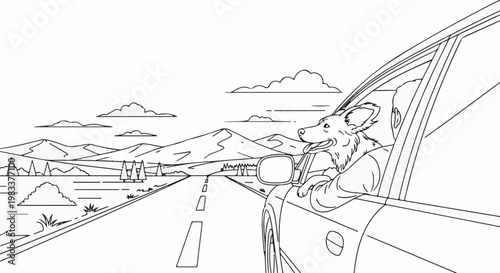 Dog with tongue out rides shotgun looking at mountains from car window on road