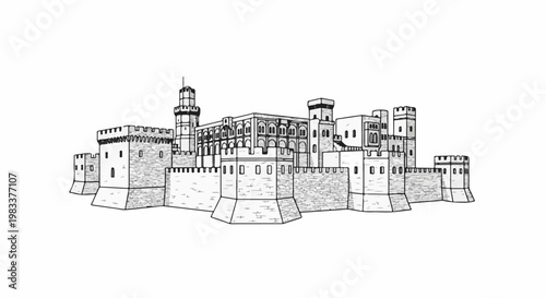 Detailed line drawing of a large, imposing medieval castle with multiple towers