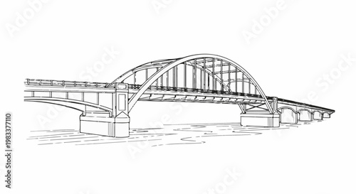 Detailed line drawing of a large arch bridge spanning a river