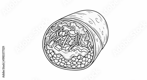 Detailed line drawing of a large, cross-sectioned burrito filled with ingredients