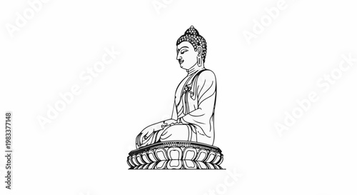 Detailed line drawing of a meditating Buddha figure in traditional robes on a lotus pedestal