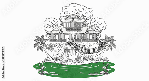 Elaborate multi-story treehouse structure on a large tree, jungle, pond