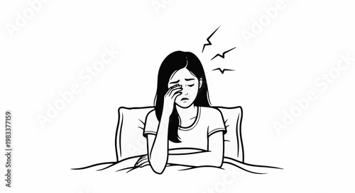 Distressed woman in bed, covering her eyes, with headache symbols above
