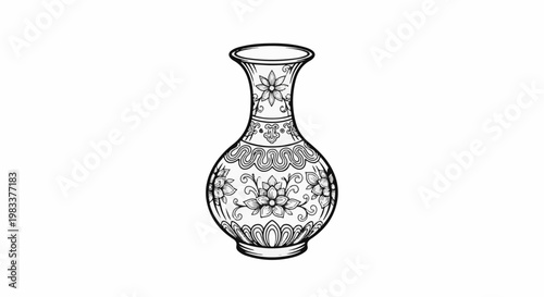 Detailed black and white line drawing of a decorative porcelain vase with floral patterns