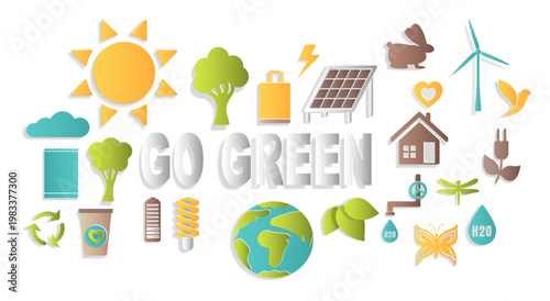 Set of ecology and renewable energy objects in paper cut style isolated on transparent background. Creative vector illustration for sustainability, environment, and green technology concepts