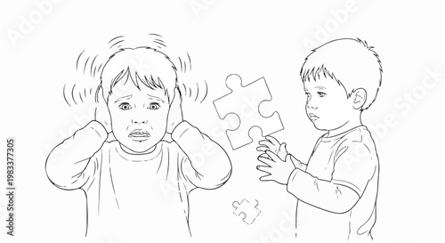Distressed child covers ears while another child holds puzzle pieces
