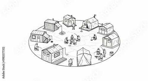Diverse Arctic structures and people engaged in ice fishing and communal activities