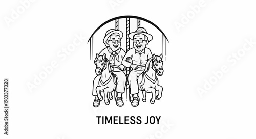 Elderly couple enjoying a carousel ride on horses, embodying timeless joy