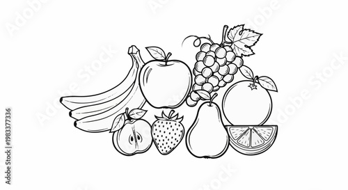 Diverse assortment of fruits arranged compositionally on a white background