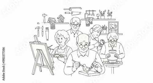 Elderly people engaged in various creative art and craft activities indoors