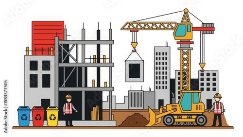 Sketchy Urban Construction Site Illustration featuring Crane, Bulldozer, Workers, and Waste Management Recycling Bins for Sustainable Development.
