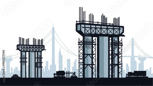 Urban Infrastructure Construction: Highway Viaduct Pillars Under Development with City Skyline Background - Vector Illustration