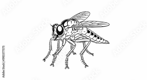 Detailed line drawing of a robber fly with prominent eyes and segmented legs