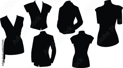 Fashion clothing silhouette set, featuring men's suits and women's dresses, isolated vector illustration
