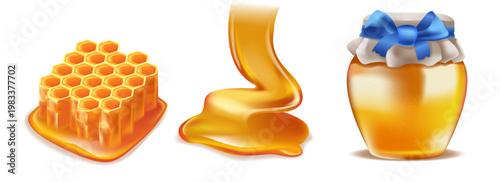 Set of realistic honey products isolated on transparent background. Detailed vector illustration with honey jar, dipper, comb, and drops for food packaging and natural product design