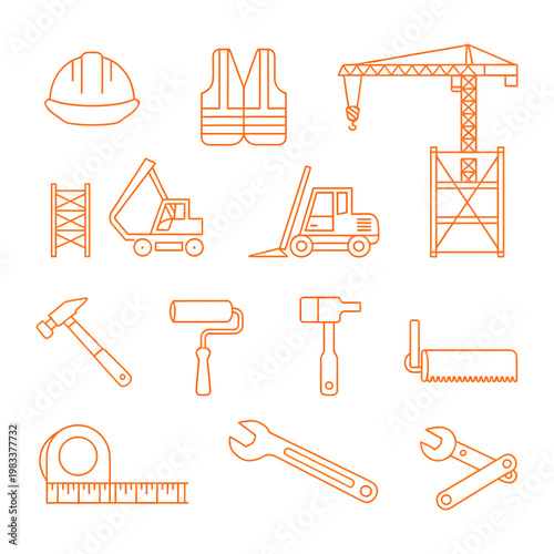 Construction Tools and Equipment: An assortment of construction tools and equipment arranged in a structured, neat and orderly fashion. Includes hard hat, safety vest, crane, ladder, dumper, forklift.