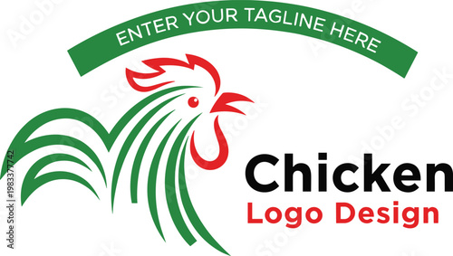 Chicken logo vector illustration with stylized rooster line art and bold typography in modern minimal style for restaurant branding design