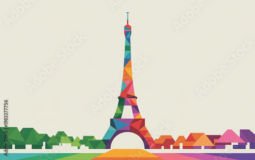 And colorful illustration of the eiffel tower and parisian skyline with colorful