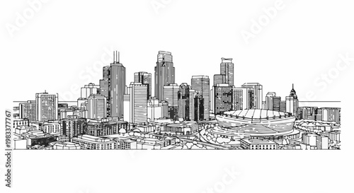 Detailed line drawing of a sprawling cityscape with diverse modern architecture and a stadium