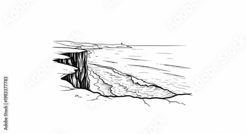 Dramatic cliff face overlooking a textured ocean with distant coastal hills and a structure