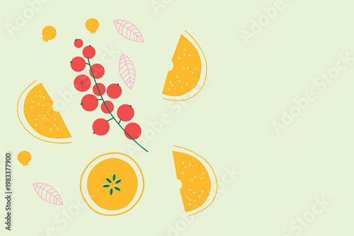 Art & Illustration Appetizing fruit and berries collection. Decorative abstract horizontal banner with colorful doodles. Hand-drawn modern illustrations with fruit and berries, abstract elements. 