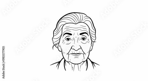 Detailed black and white line drawing of an elderly woman's face, showing wrinkles and hair