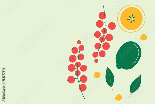 Art & Illustration Appetizing fruit and berries collection. Decorative abstract horizontal banner with colorful doodles. Hand-drawn modern illustrations with fruit and berries, abstract elements. 