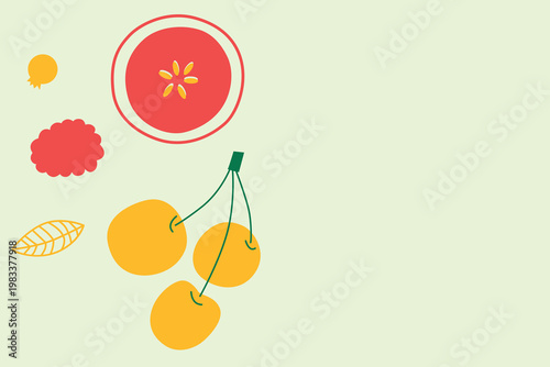 Art & Illustration Appetizing fruit and berries collection. Decorative abstract horizontal banner with colorful doodles. Hand-drawn modern illustrations with fruit and berries, abstract elements. 