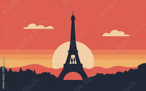 Eiffel tower silhouette at sunset with orange and pink sky and clouds, landmark