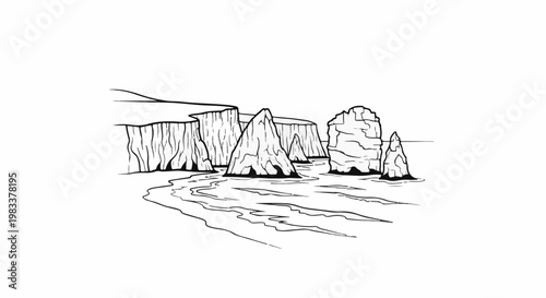 Dramatic jagged rock formations rise from a turbulent sea under a cliff