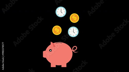 Piggy Bank Savings Animation with Falling Coins and Clocks Loop with Alpha Channel